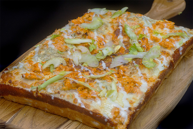 Buffalo Chicken Pie from our Barclay-Kingston, Cherry Hill Detroit Style Pizzeria.