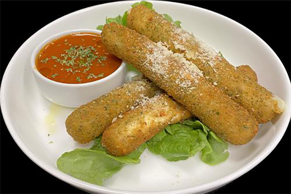 Four Mozzarella Sticks with Marinara Sauce, a popular starter served with Cherry Hill Mall Margherita Pizzas.