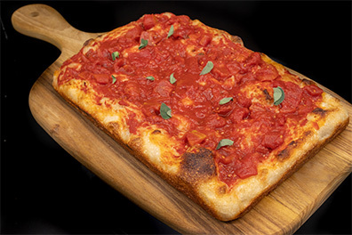 Detroit-Style Tomato Pie prepared for pizza takeout near Marlton, NJ.
