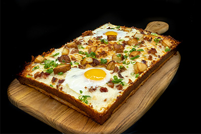 Detroit-Style Brunch Pie prepared for pizza delivery near Somerdale NJ.